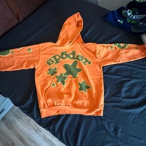 Sp5der Men's bright Orange Hoodie with Green Star Accents